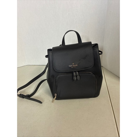 kate spade Handbags - Kate Spade New York Black Pebbled Leather Flap Drawstring Backpack Gold Hardware